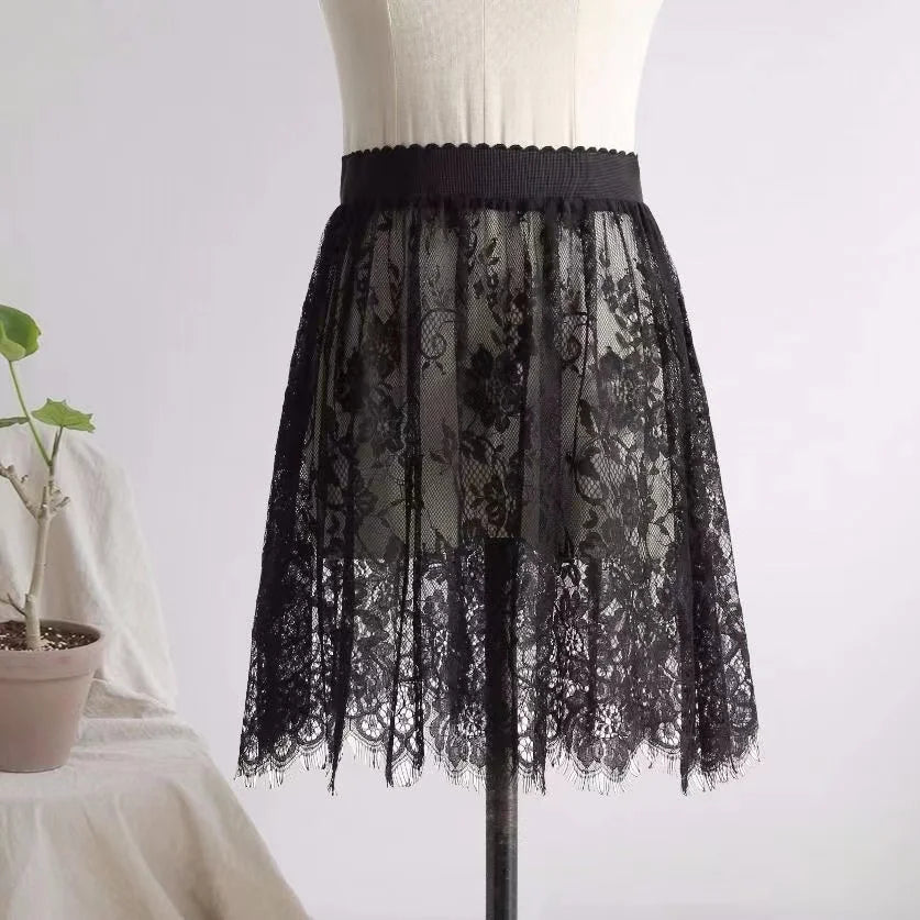 2 Length Elegant Black Skirt White Lace Transparent Long Tulle Skirt Ladies Elastic High Waist Beach Midi Skirt Drop shipping.