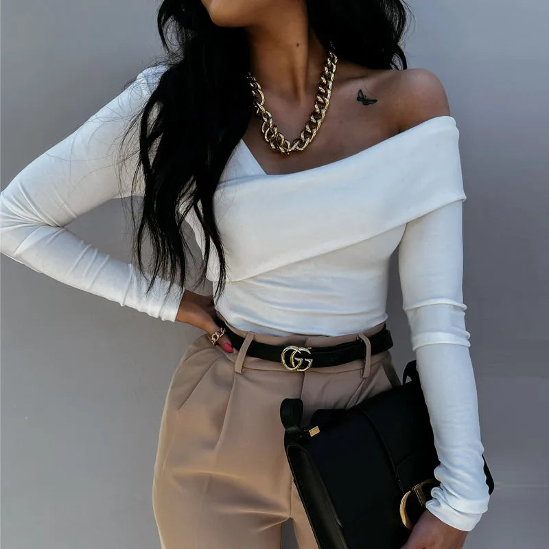 Women Blouse Shirt New Long Sleeve Skew Collar Sexy White Blouse Shirt Women Tops Blouses Shirts Blusas Blusas Para Mujer S671.