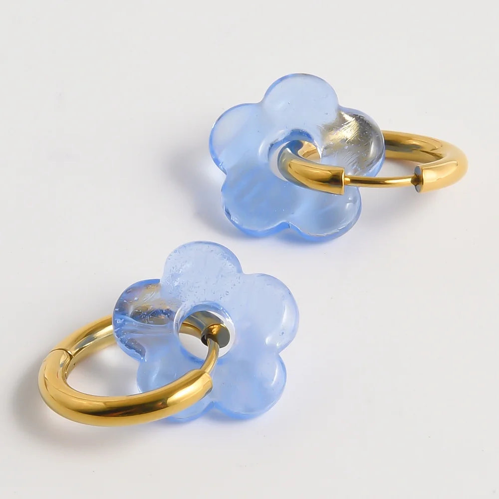 Colorful Flower Glass Drop Charms Earring Gold Color Circle Ear Buckle Hoops Stainless Steel Earrings Fashion Jewelry for Women