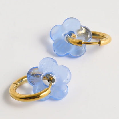 Colorful Flower Glass Drop Charms Earring Gold Color Circle Ear Buckle Hoops Stainless Steel Earrings Fashion Jewelry for Women