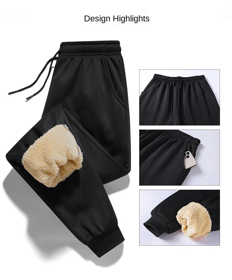Pants for men in autumn and winter, thickened with fleece for outerwear, casual pants, warm lamb wool sports sweatpants.