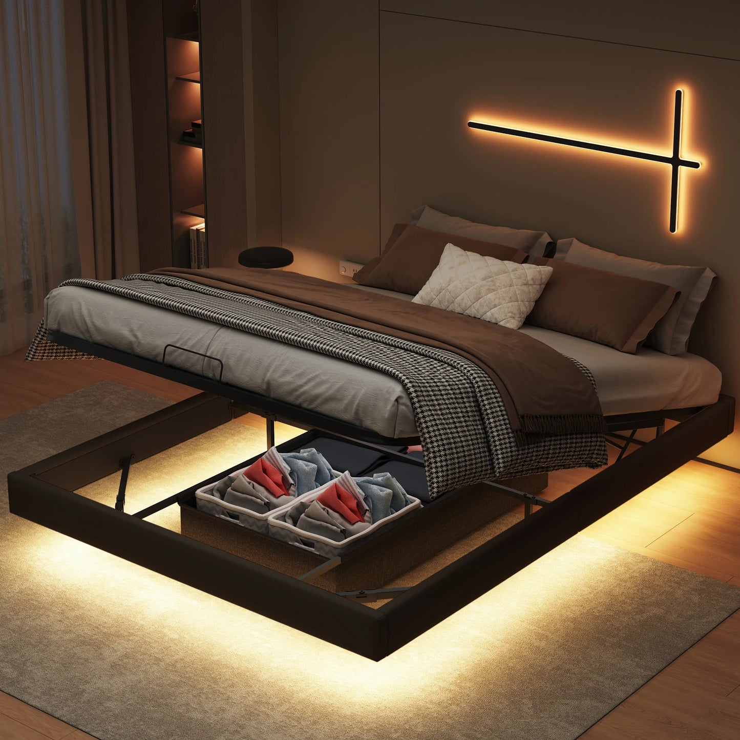 Lazyspace 160 x 200 cm großes Doppelbett mit Stauraum, schwebendes Bett ohne Kopfteil, Unterbett mit LED-Leuchten, schwarzes PU, ohne Matratze