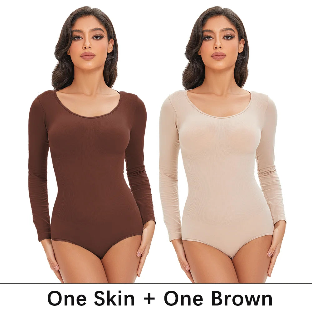 POKARLA Spandex Elastic Body Suit Shapewear Women Body Shaper Tummy Control Long Sleeve Open Crotch Round Neck Seamless Shapers.