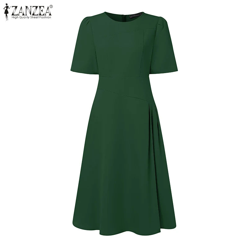 ZANZEA Elegante Büro Frauen Kleider Sommer Stilvolle Solide Party Arbeit Kleid Mode Kurzarm Plissee Vestidos Midi Sommerkleid.