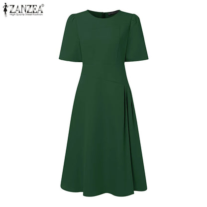 ZANZEA Elegante Büro Frauen Kleider Sommer Stilvolle Solide Party Arbeit Kleid Mode Kurzarm Plissee Vestidos Midi Sommerkleid.