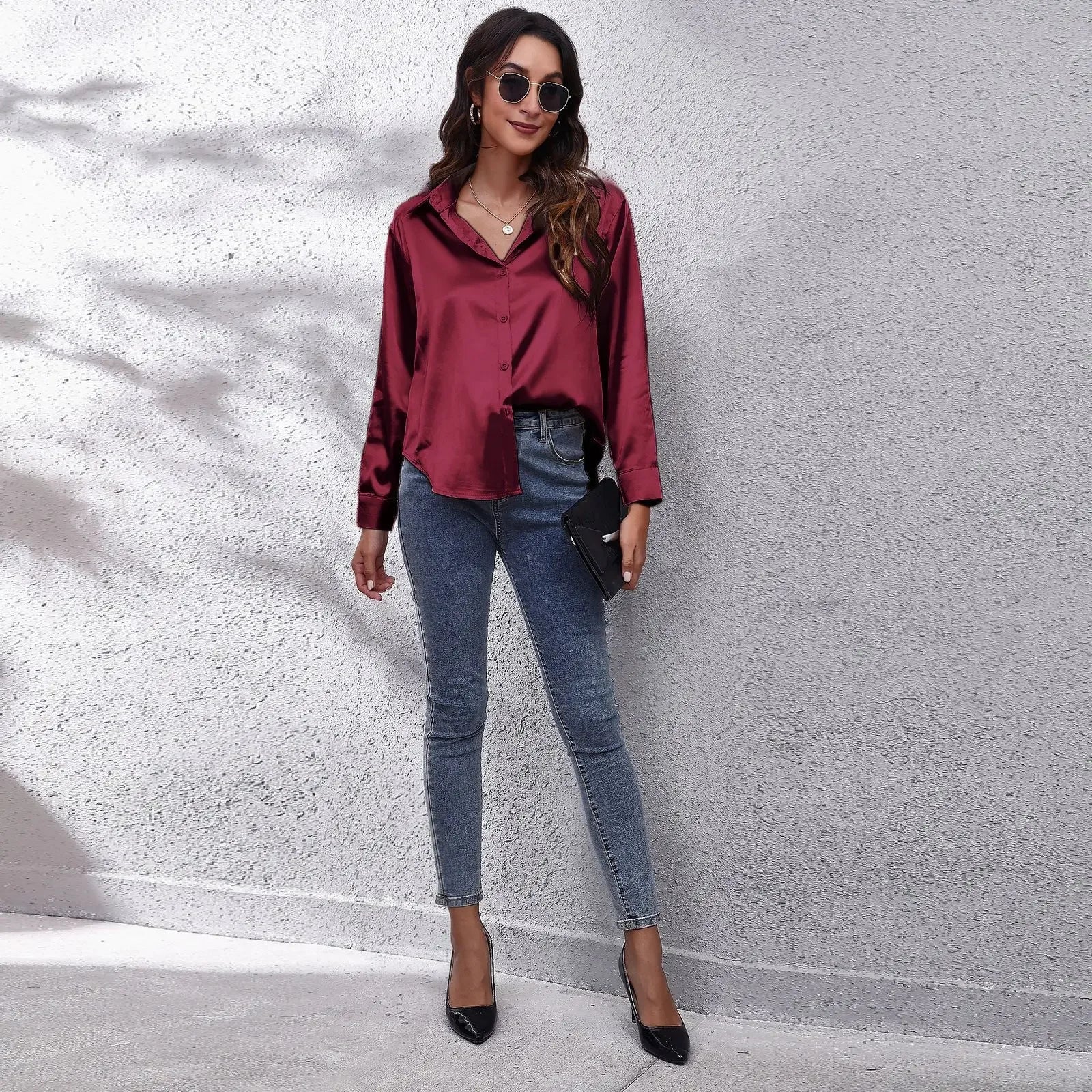 Autumn Women Solid Satin Shirt Long Sleeve Imitation Silk Loose Button Up Blouse Shirt Ladies Tops Fashion Clothing.