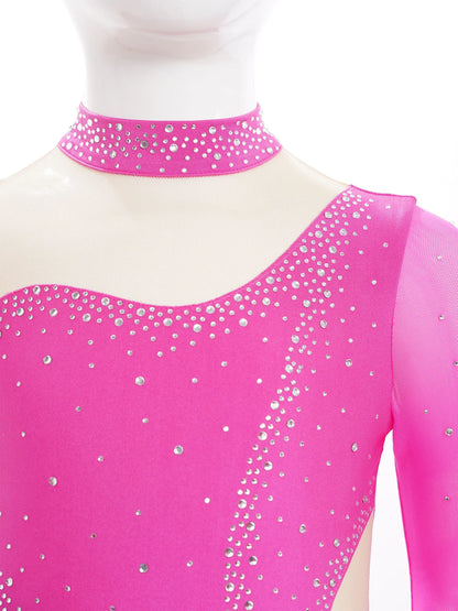 Kinder Mädchen Eiskunstlauf Kleid Lyrical Ballett Tanz Rhythmische Gymnastik Leistung Kostüm Langarm Strass Trikot.