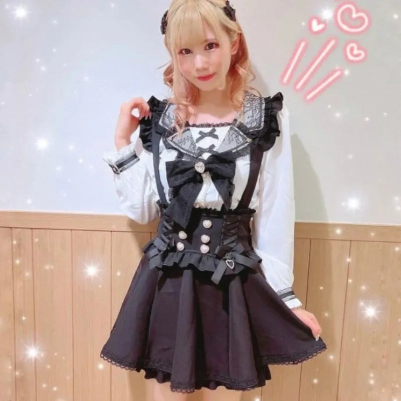 Japanese Gothic Lolita Ribbon Short Suspender plaid Skirt Girls Sweet Cute Lace A-Line Mini Skirts summer2025 black solid kawaii.