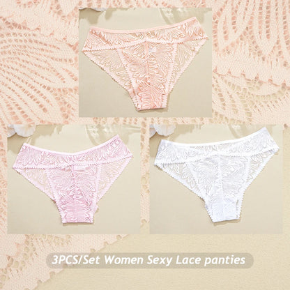 3PCS/Set Women Lace Panties Sexy Low Riase Elastic Brifes Solid Color Perspective Breathable Underwear Ladeis Sexy Lingerie