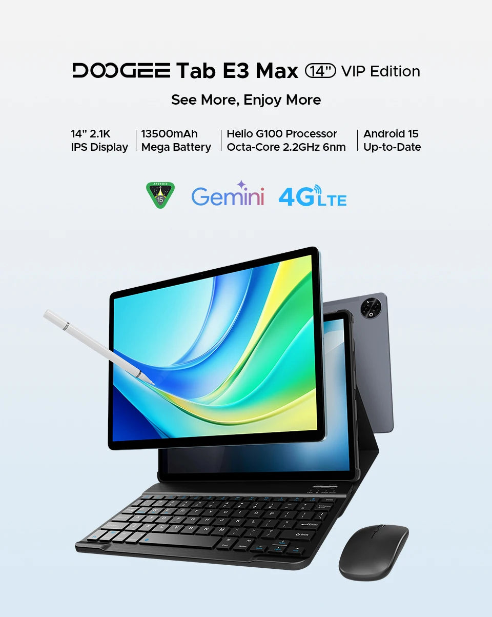 Doogee 2 in 1 Tablet Pc Tab E3 Max Gmini Ai 14" 2.1K Display Android 15 32Gb (8+24) 256Gb 13500Mah Battery Helio G100 Tablet Pc.