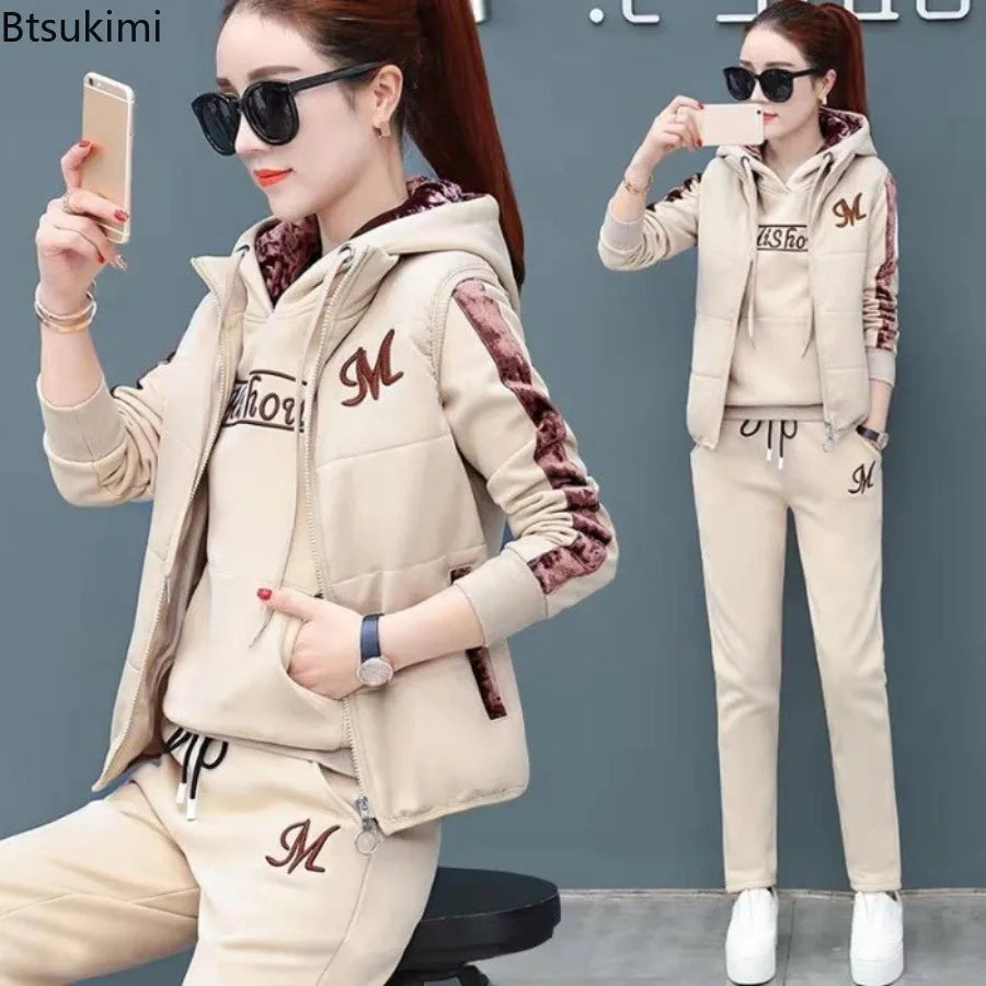 Winter 3 Pcs/Set Women Waistcoat Top Pants Set Letter Embroidery Ladies Winter Tracksuit Color Block Three-piece Sweatpants Set.