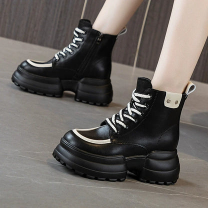 WOIZGIC Women Ladies Mother Genuine Leather Ankle Boots Shoes Lace Up Increase Inside British Style Autumn Winter Plush Fur Warm.