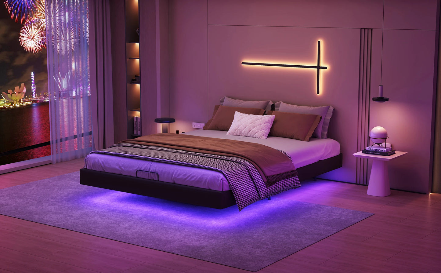 Lazyspace Bettgestell 160 x 200 cm mit LED-Beleuchtung und Stauraum, schwebender Bettrahmen mit Metalllattenrost, ohne Matratze