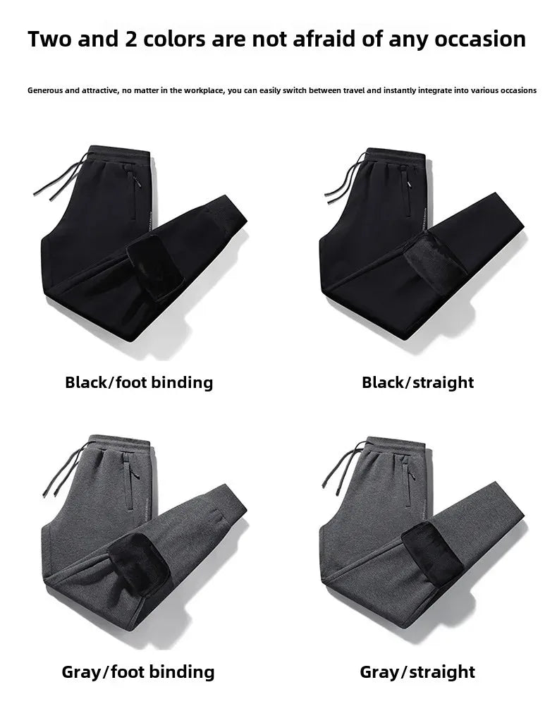 Herbst/Winter Fleece-gefütterte Herren-Hose mit Reißverschluss, warmes Fuß, Freizeithose, Übergröße, lockere Passform, gerade Bein-Jogginghose, trendig.