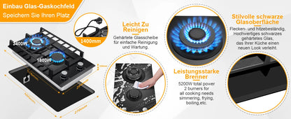EU Certified 2 Burner Gas Hob 30cm Tempered Glass | Built-in w/Cast Iron Rack Dual Fuel (NG/LPG) 5200W Flame Failure Black.
