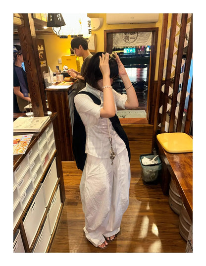 Genayooa Korean Style Casual Shirt Women Three Quarter Striped Shirts 2000s Japanese Y2k Vintage Tops Slim Retro Shirts Summer.