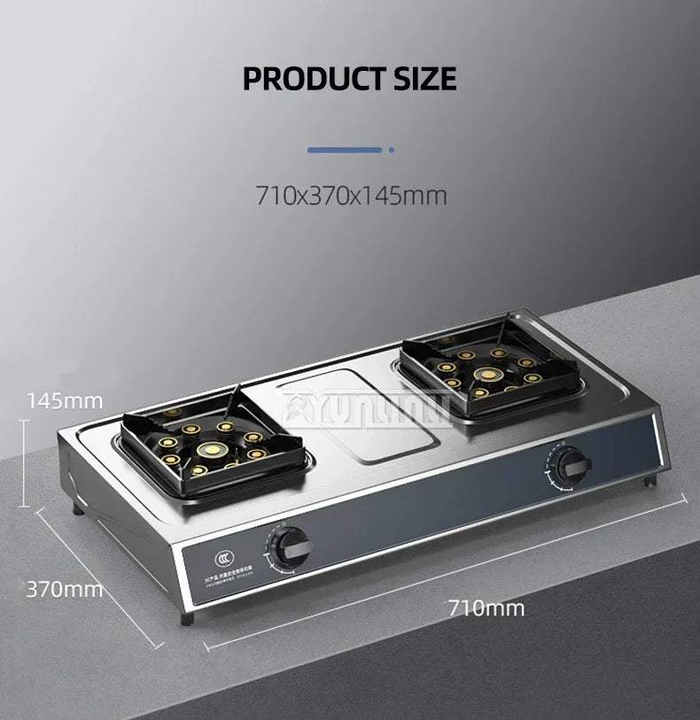 Desktop Stainless Steel Double Stove Household Bench Top Strong Fire Liquefied Natural Gas Stove.