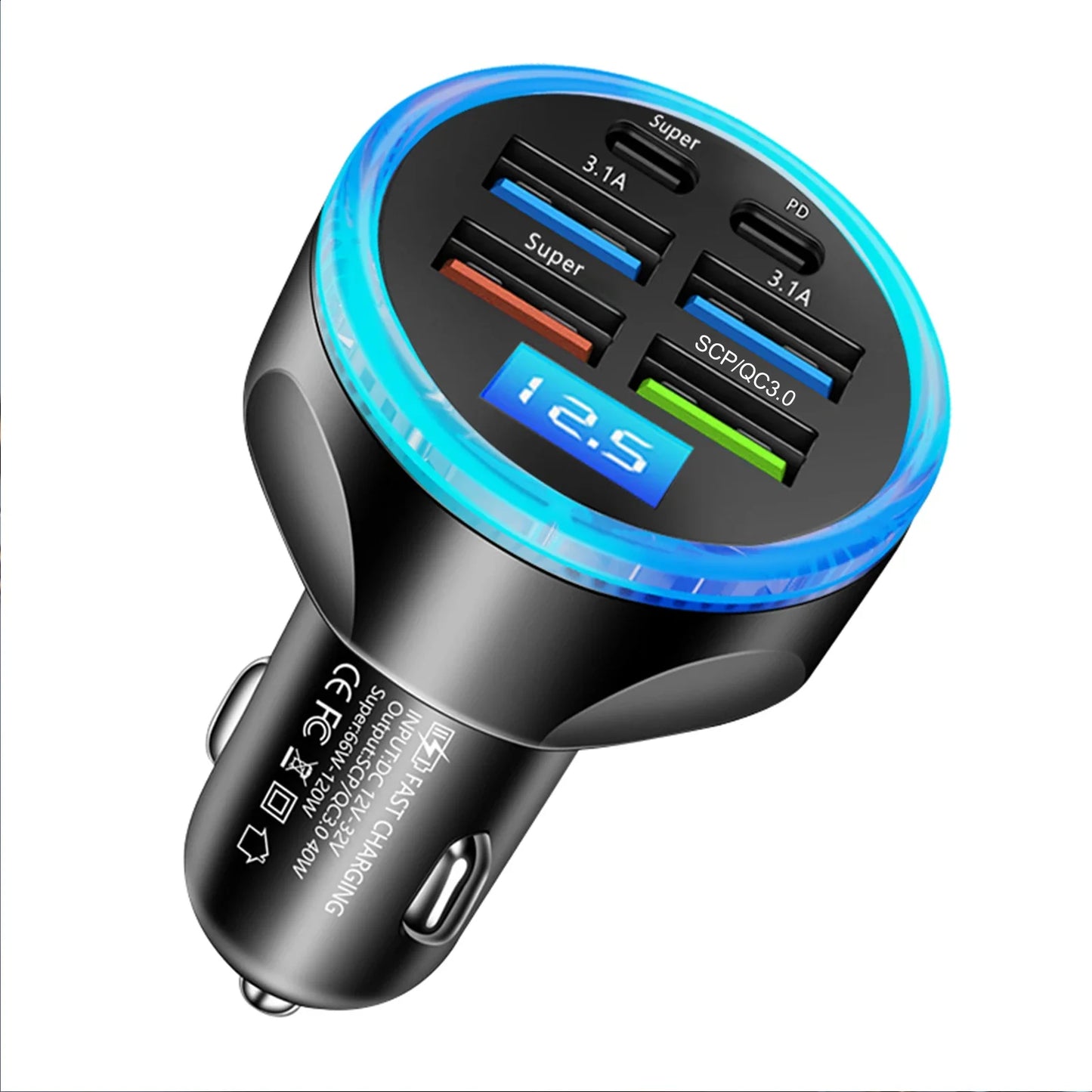 UYUXIO Multi Port USB C Car Charger Adapter with Voltage Display PD 30W Super Fast Charging 6 in 1 for MacBook iPhone Samsung.