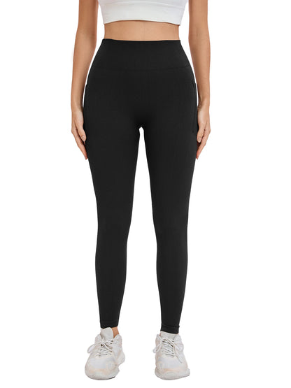 Women's solid color threaded sports leggings seamless cross-border yoga pants high-waisted fitness pants Yoga wear with pocket.