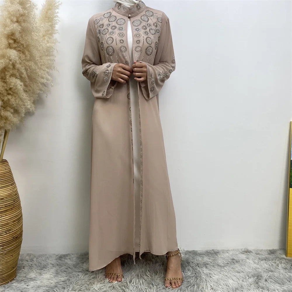 Luxury Diamonds Kimono Open Abayas for Women Muslim Dress Morocco Kaftan Dubai Turkey Party Gown Kebaya Islam Jalabiya Ramadan