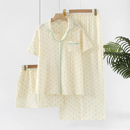Pajamas pure cotton three-piece set spring and summer thin crepe autumn gauze lapel short-sleeved trousers shorts loungewear set