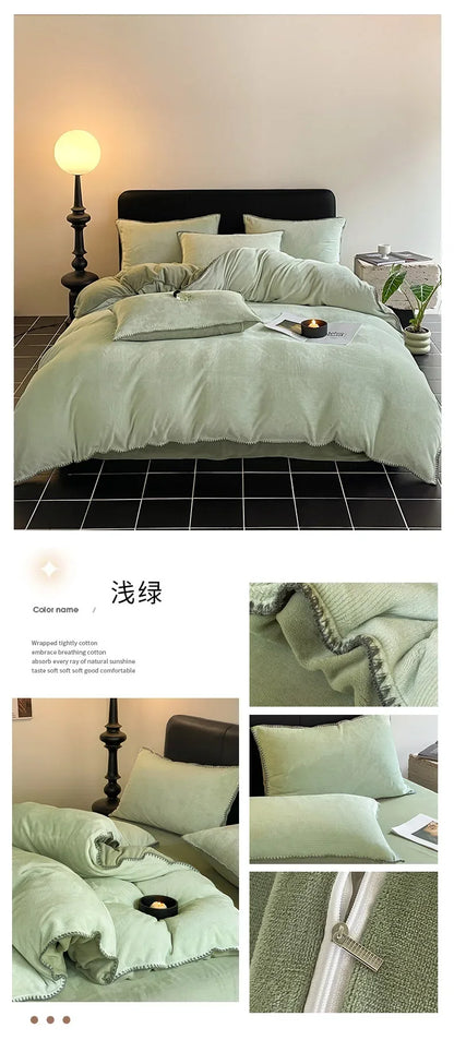 2024 new matte thin strip shell edge winter bed four-piece set milk fleece coral fleece thickened warm bed sheet quilt cover