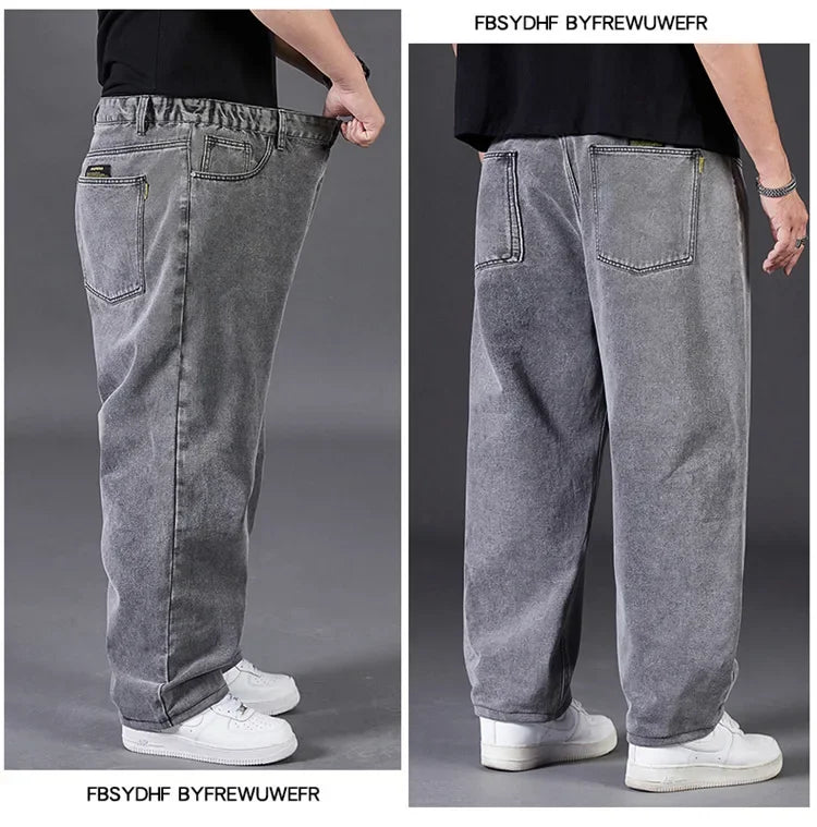 Plus Size Jeans Men's Autumn Loose-Fit Straight-Leg Casual Denim Pants Elastic Waist Wide-Leg Design For Plus Size Men.