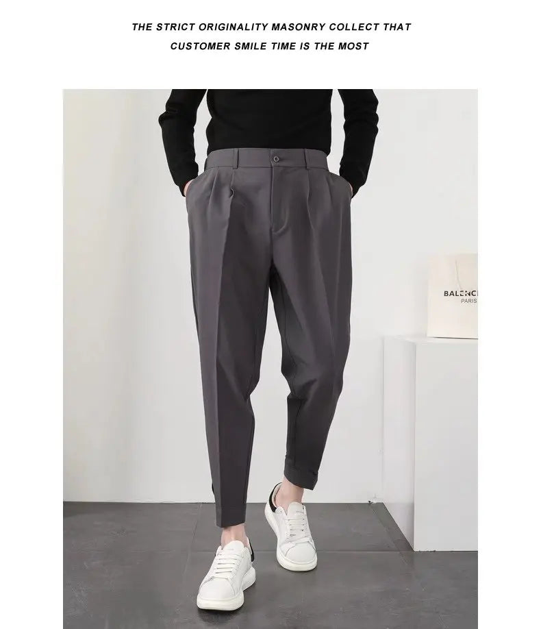Fashion Men Casual Pants Elastic Waist Small Feet Slim Korean Style Pleated Tapered Male Blazer Pants Trousers Streetwear.