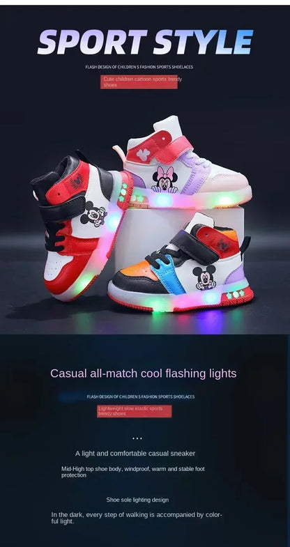 2025 Disney Kids Sneaker Cute Minnie Mickey Cartoon Led Lighted Shoes for Boys Girls Luminous Shoes Toddler Flash Lights.