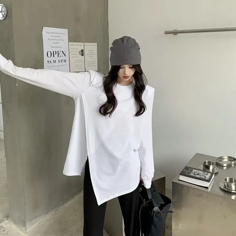 Long Sleeve Slit Hem Loose Lazy Style Tops Spring Autumn Solid Simplicity Street Casual T Shirts Fashion Korean Women Clothing.