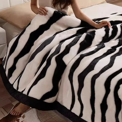 Nordic Style Zebra Print Coral Fleece Blanket Thickened Raschel Autumn Winter Blankets Double Layer Multi Purpose Plush Quilt.