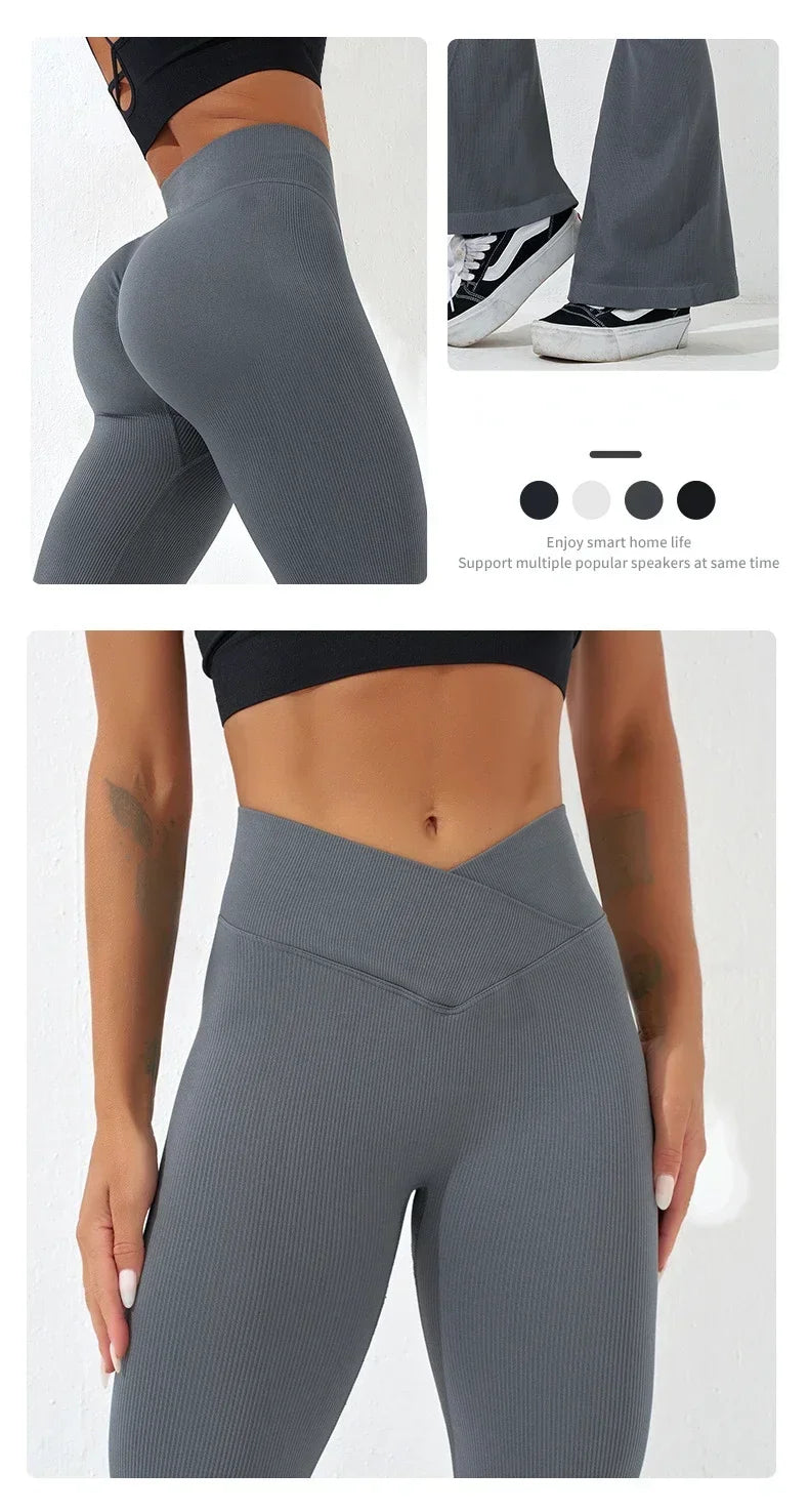 Sexy Slim Flared Pants Cross Waist Legging Women Seamless Gym Running Cycling Knit Yoga Stretch Butt Lift High Waist Pants.