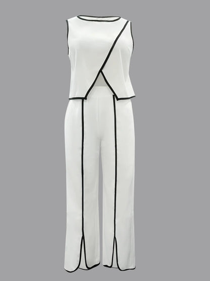 Summer Loose Solid Color 2 Piece Sets Woman Outfit 2025 Fashion Sleeveless Tank Top With High Waist Slit Wide Pants Set.