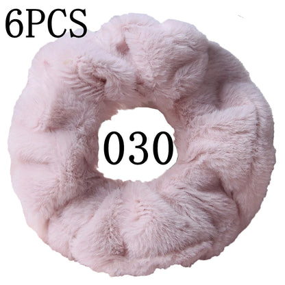 6pc Hair Scrunchies Furry Elastic Band Women Girl Ponytail Holder Rubber Ties Accessories Plush Faux Fur Soft Chiffon Headband