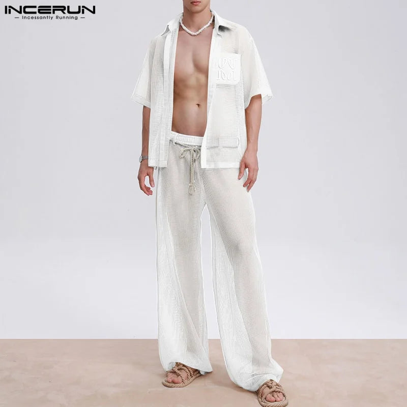 INCERUN Men Sets Mesh Patchwork See Through Sexy Short Sleeve Shirts & Pants Two Pieces Sets Streetwear 2025 Men's Casual Suits.