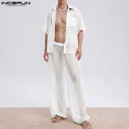 INCERUN Men Sets Mesh Patchwork See Through Sexy Short Sleeve Shirts & Pants Two Pieces Sets Streetwear 2025 Men's Casual Suits.