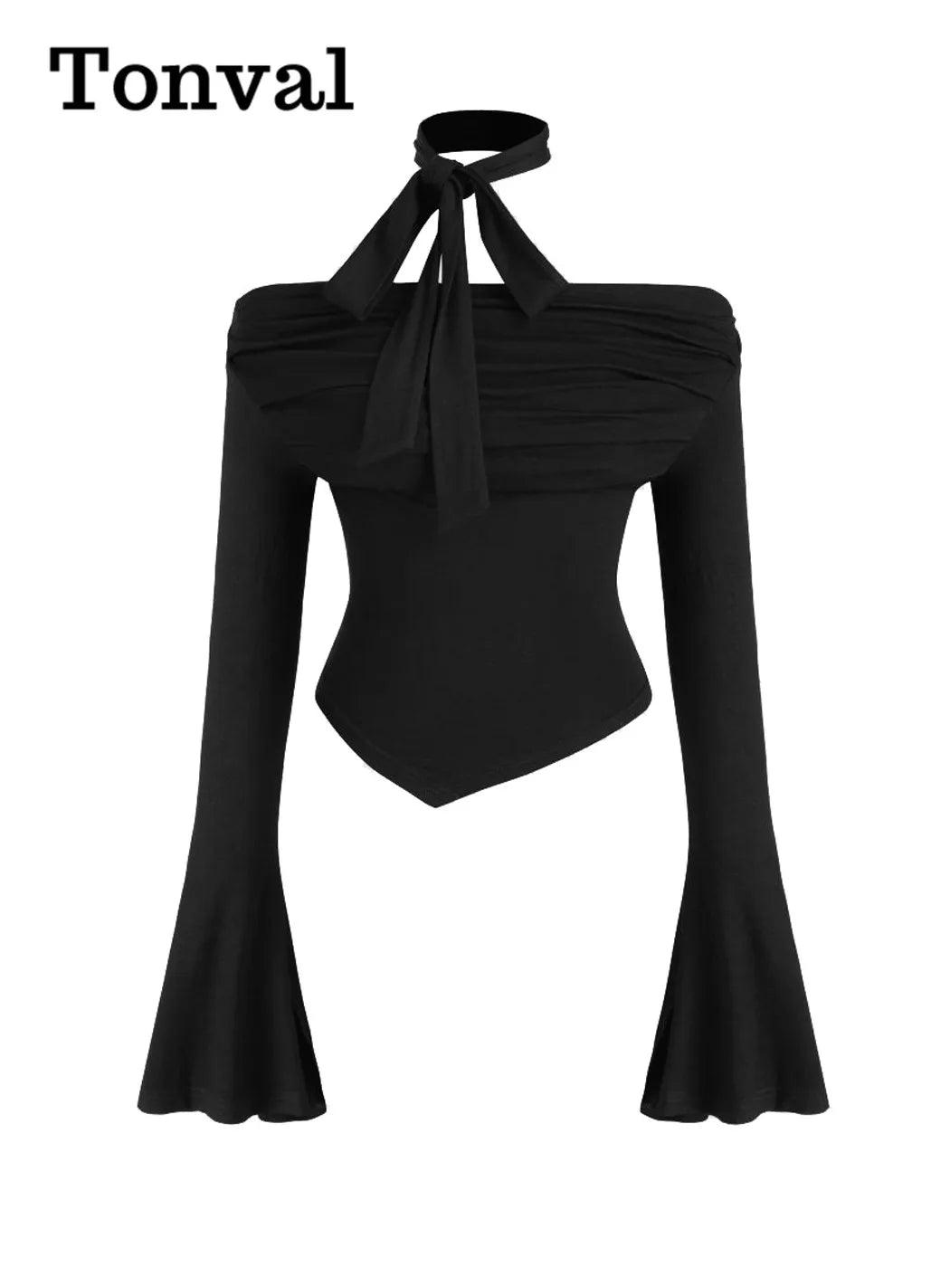 Tonval Long Sleeve Asymmetrical Hem Black Vintage Tops Sexys Off Shoulder Goth Clothes Women Y2K Solid T Shirt.