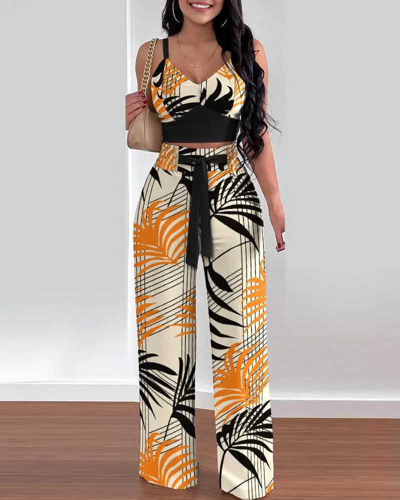 Women Fashion Print Halter V-Neck Short Tank Suit Tops Long Pants Matching Set Summer Casual Female Slim Pants Two Piece Sets