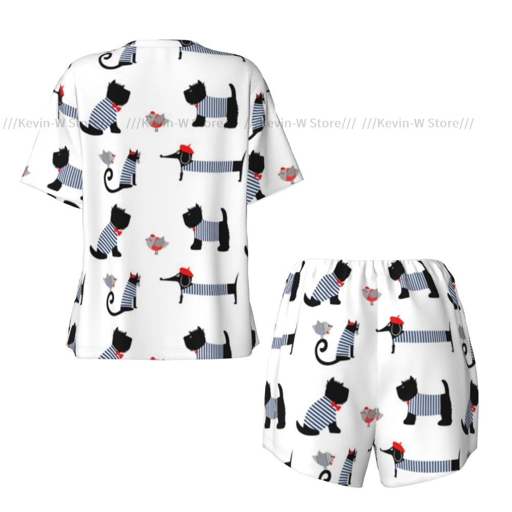 Damen-Pyjama-Set, kurzärmelig, französischer Pariser Dackel, Katzen-Nachtwäsche, Loungewear für Sommer-Nachtwäsche.