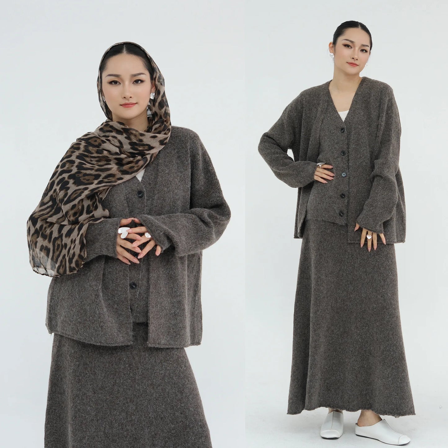 Winter Knitted Wool Cotton 3 Piece Abaya Set + Hijab Daily Thick Warm Modest Muslim Women Islamic Wholesale Suit Abaya.