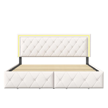 Lazyspace PU-Polsterbett, weißes Einzel- und Doppelbett mit Lattenrost, Holz, mit 4 Schubladen und LED-Kopfteil