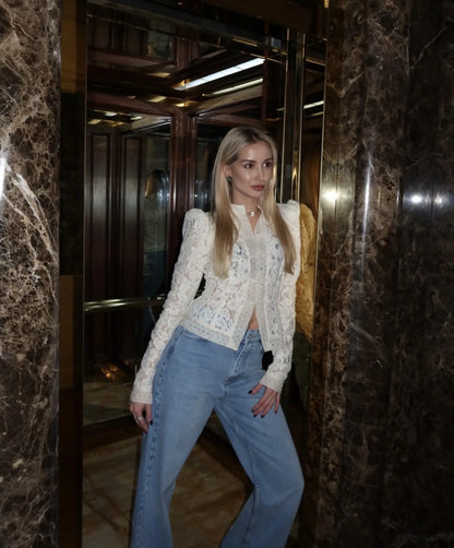 Tuularose Luxury Lace Blouse Fashion Lace Print Single Breasted Slim Shirt Vintage Elegant Party Looks Summer Women Blouse Tops