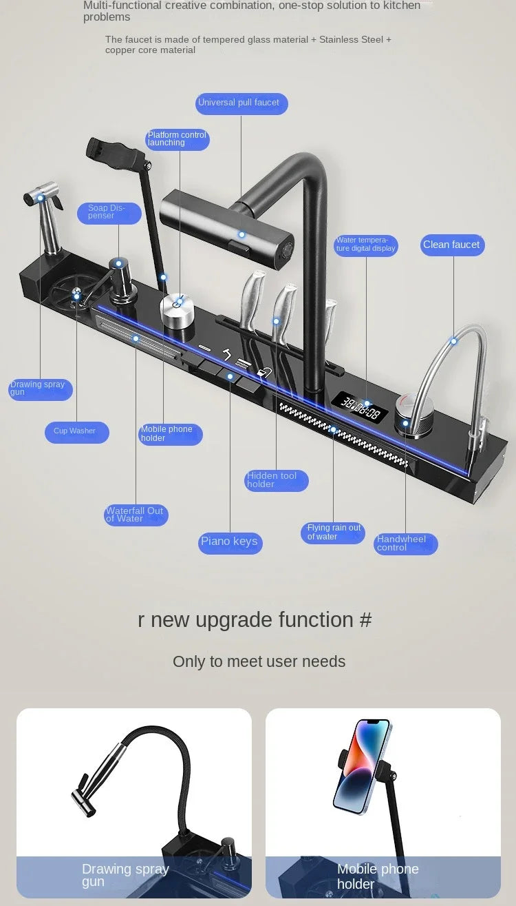 Großes Einzelschlitz-Wasserfallspülbecken aus Edelstahl 304, Digitalanzeige, geprägtes Waschbecken, Haushaltswaschbecken