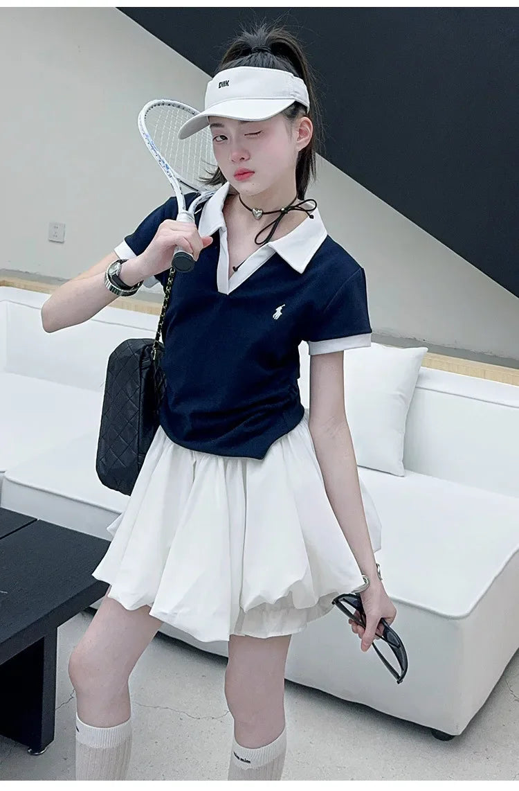 Girls Summer New Fashion Korean Style School Sports Short Sleeve T-Shirt And Bloomers Two-Piece Set White Floral Print Outfit.