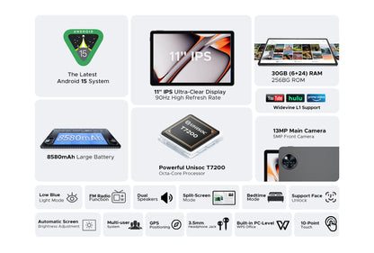 Global Version Doogee U11 Pro Android 15 Tablet Pc 11 Inch Ultra-Clear 90Hz Display 30Gb(6+24) 256Gb 8580Mah Battery Tablet.