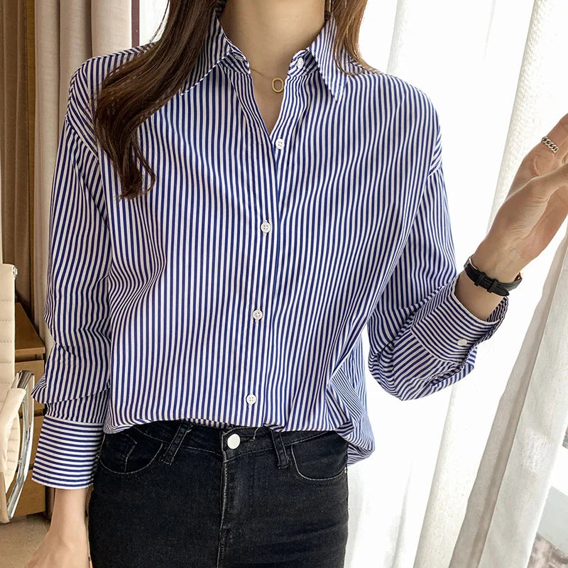 1pcs Woman Four Season Stripe Shirts Lady Casual Long Sleeve Turn-down Collar Loose Shirt Female Business Attire Korean Tops.