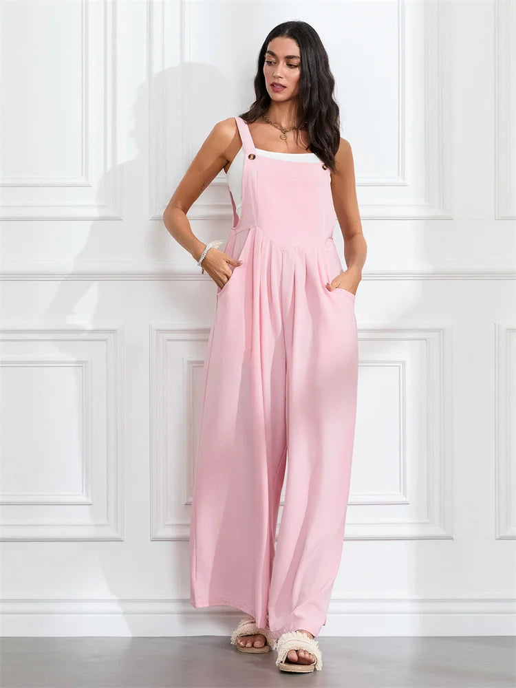 Women Fashion Jumpsuits Sleeveless Buttons Suspender Wide Leg Pant Overalls with Pockets Casual Loose Romper Streetwear.
