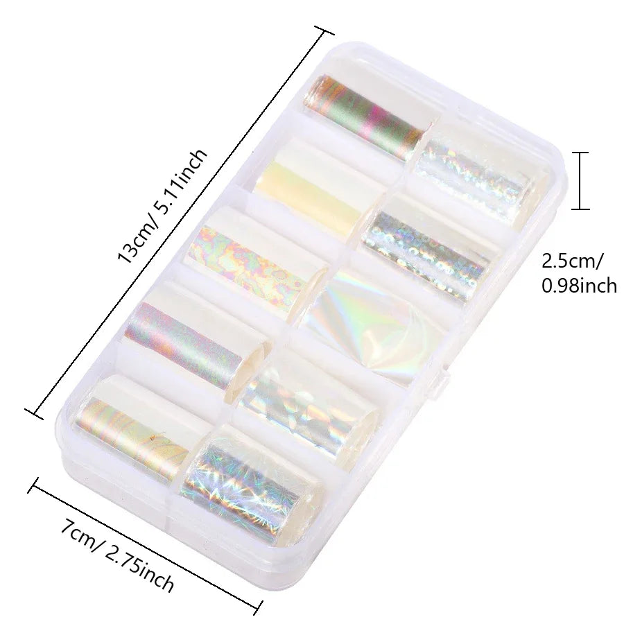 10pcs Holographic Nail Foil Set 2.5x100cm Gradient Transparent AB Color Transfer Stickers for Manicure Nail Art Decals.