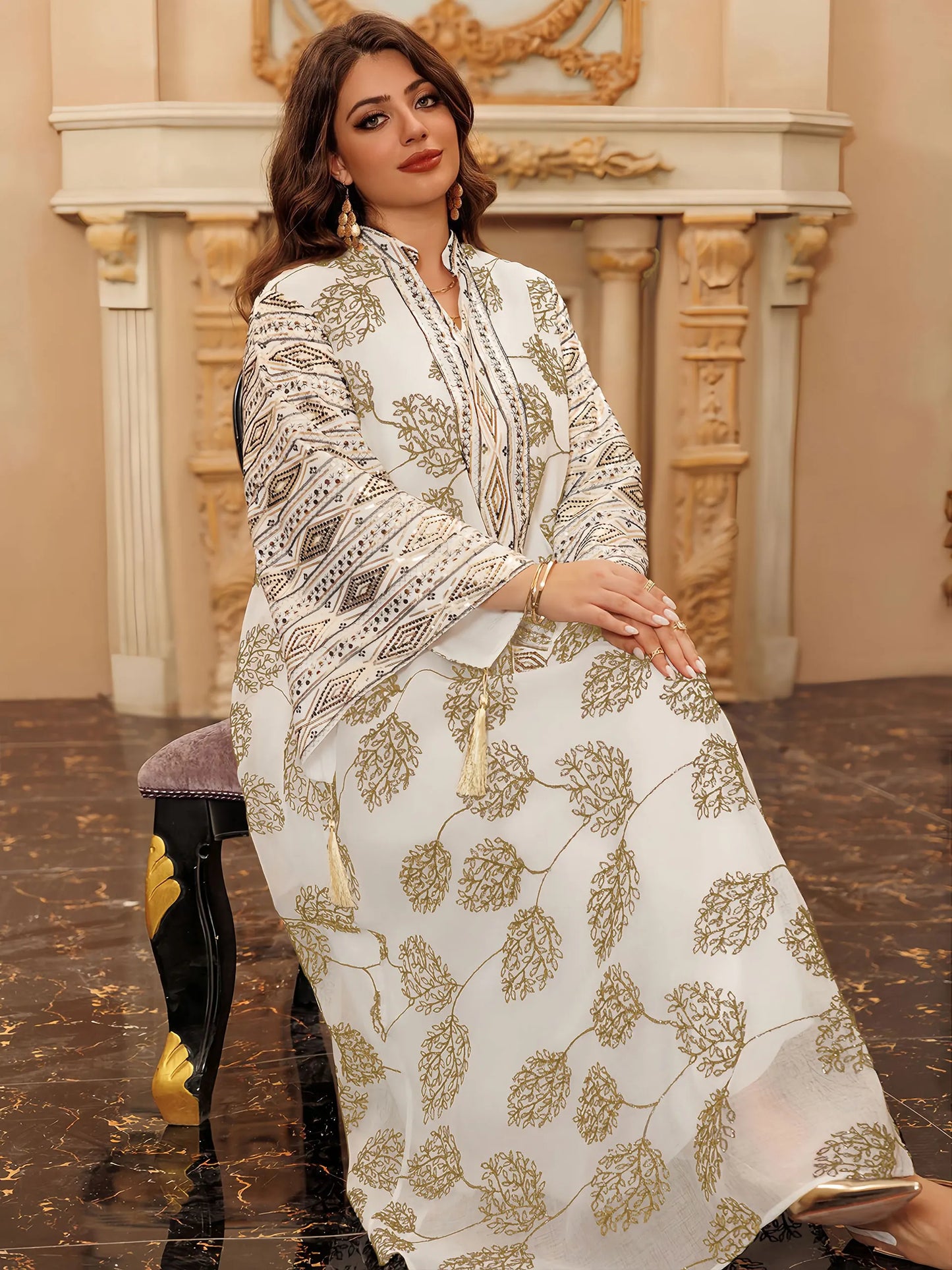 Muslim Women's Light Blue Islamic Embroidered Abaya with Gold Detailing Ideal for Formal Events in Middle East like UAE Saudi.