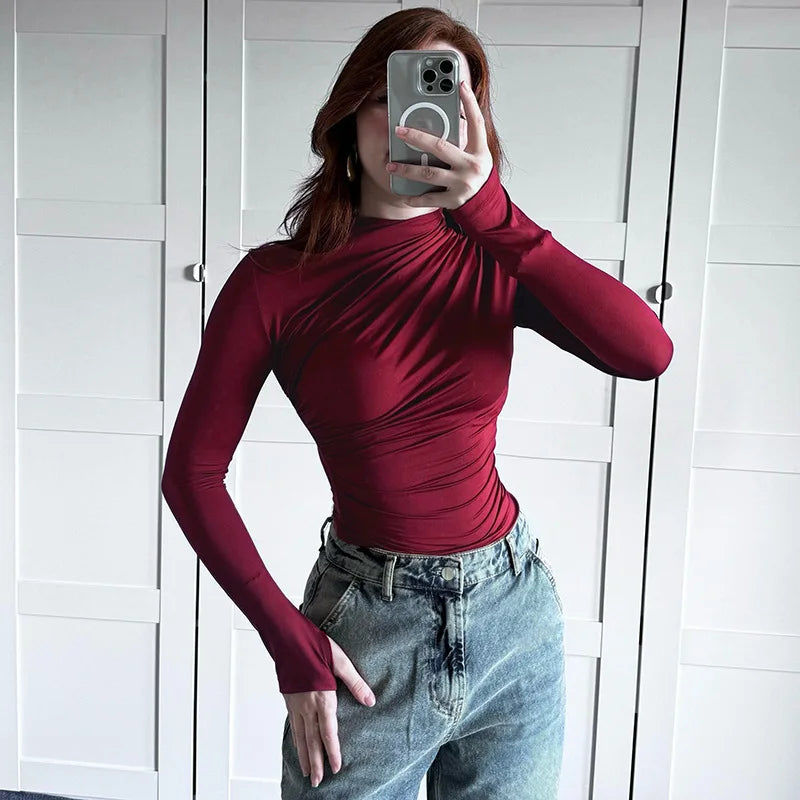 New fashion women's casual slim fit pleated high neck long sleeved solid color top t-shirt.